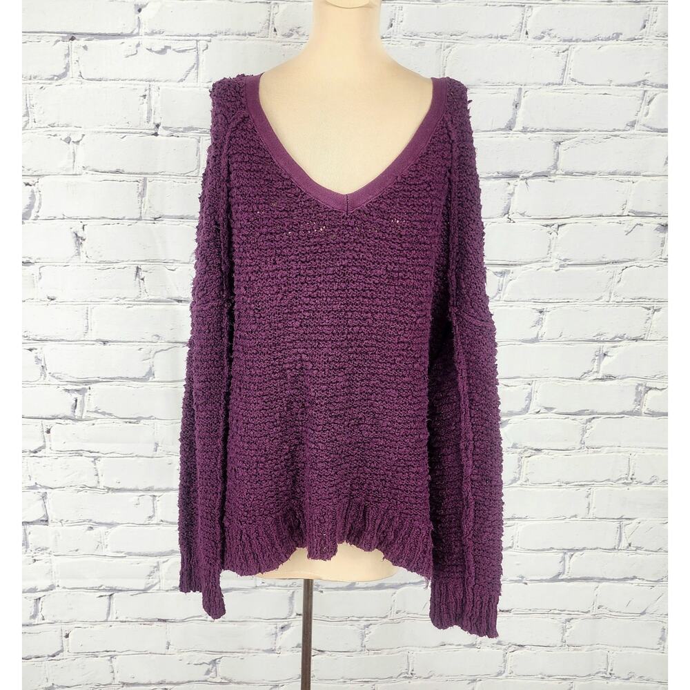 Free People Songbird purple bouclé oversized V-neck sweater Womens M